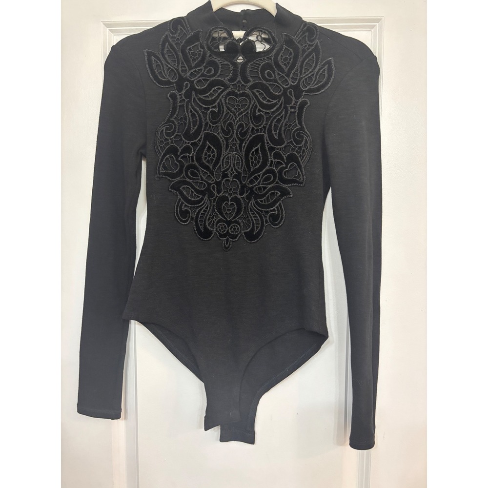 Black Long Sleeve Bodysuit Velvet Lace Applique Mock Neck Small Goth Xhilaratio